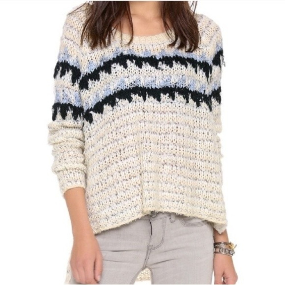 Free People Sweater Women Sm Cream Navy Blue Fair Isle Neutral Winter Apres Ski
